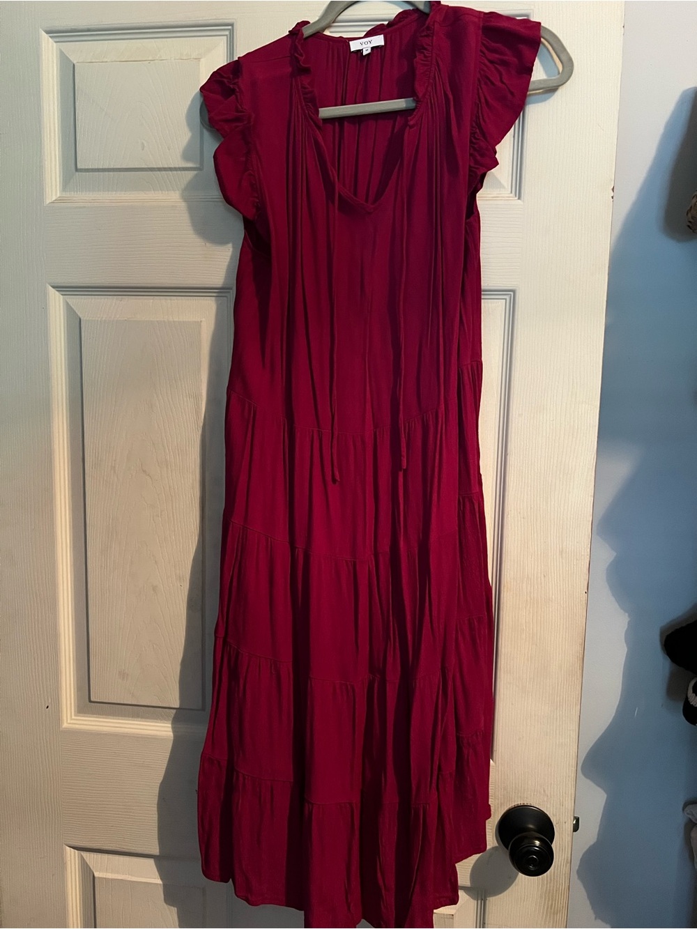 VOY Women’s Ruffle Sleeve Maxi Dress in Deep Pink - color is closer to burgundy